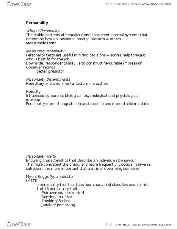 BUS 272 Lecture Notes - Lecture 2: Big Five Personality Traits, Trait Theory, Extraversion And Introversion thumbnail
