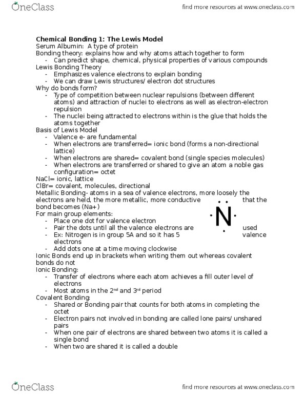 CHM 2041 Lecture Notes - Lecture 11: Valence Electron, Ionic Bonding, Covalent Bond thumbnail