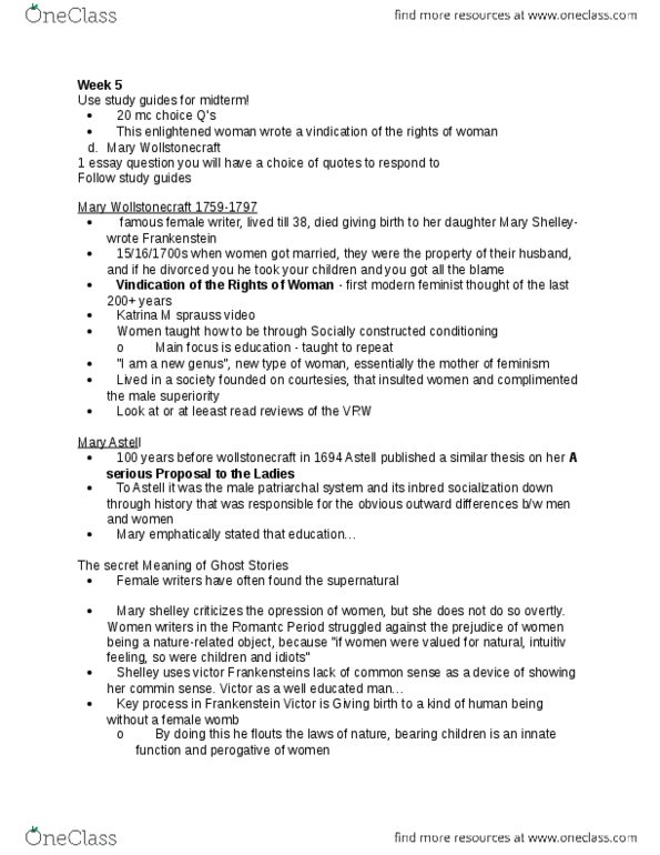 WMST 2000 Lecture Notes - Lecture 5: Jane Austen, Mary Astell, Mary Wollstonecraft thumbnail