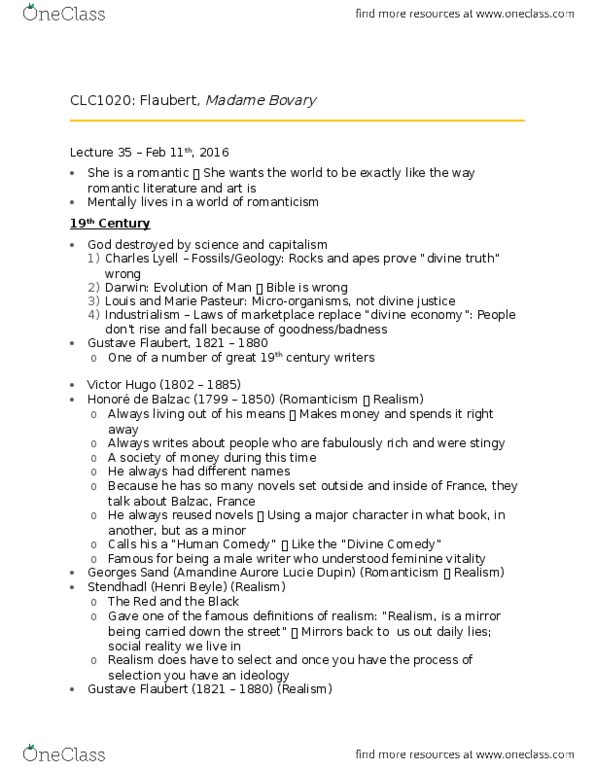 Comparative Literature and Culture 1020 Lecture Notes - Lecture 35: Gustave Flaubert, Guy De Maupassant, Stendhal thumbnail