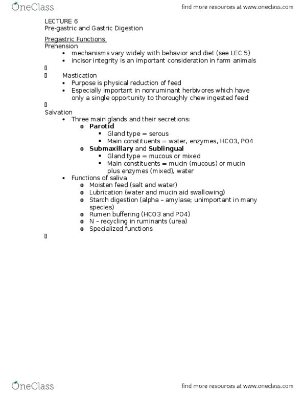 ANSC 2120 Lecture Notes - Lecture 6: Mucin, Alpha-Amylase, Gross Anatomy thumbnail