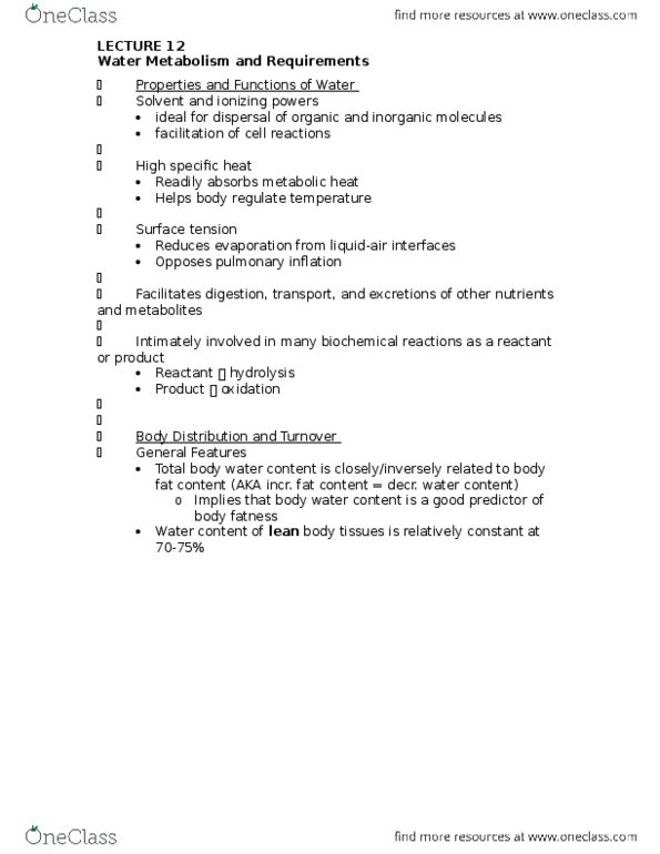 ANSC 2120 Lecture Notes - Lecture 12: Body Water, Metabolic Water, Water Content thumbnail