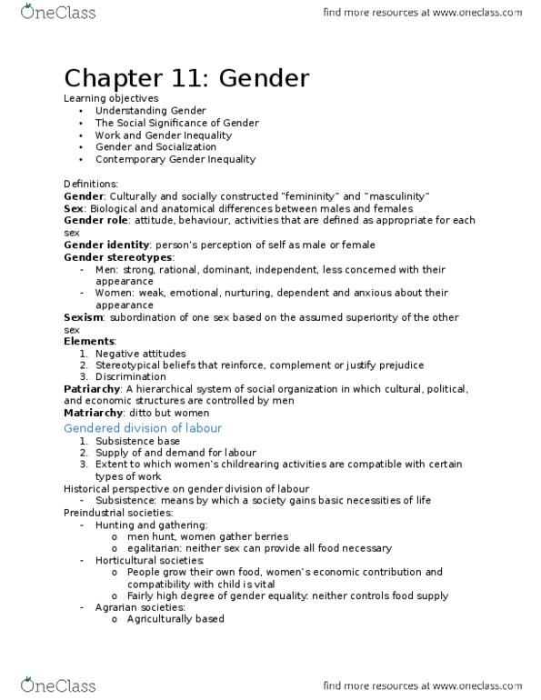 SOC 1101 Lecture Notes - Lecture 11: Gender Inequality, Gender Identity, Gender Role thumbnail