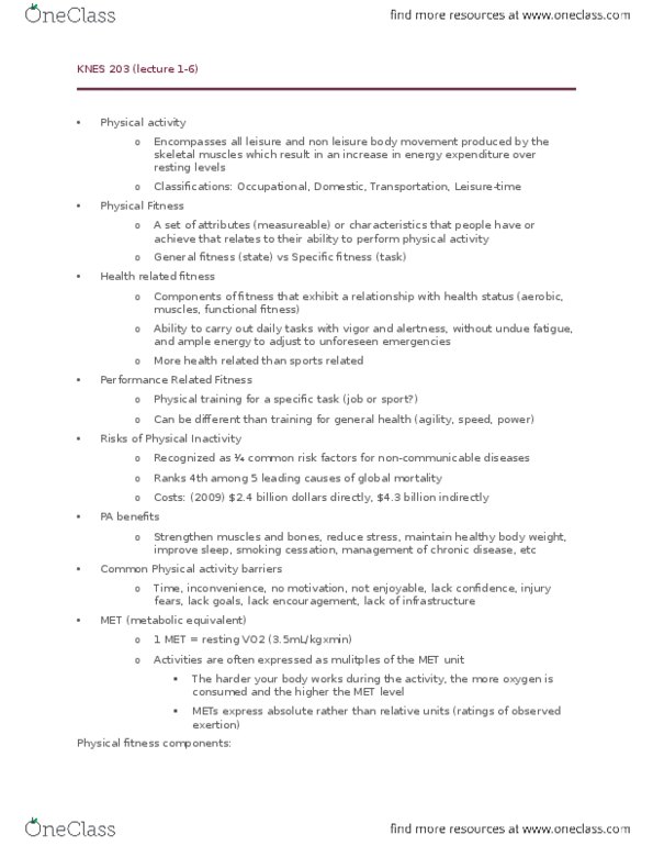 KNES 203 Lecture Notes - Lecture 1: Diffusing Capacity, Vo2 Max, Endoplasmic Reticulum thumbnail