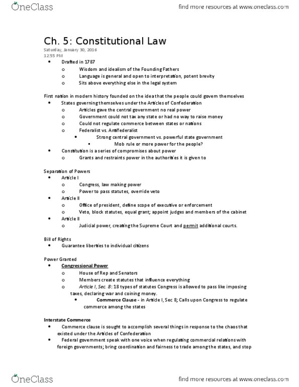 BLAW 2301 Chapter Notes - Chapter 5: Commerce Clause, United States District Court, Supremacy Clause thumbnail