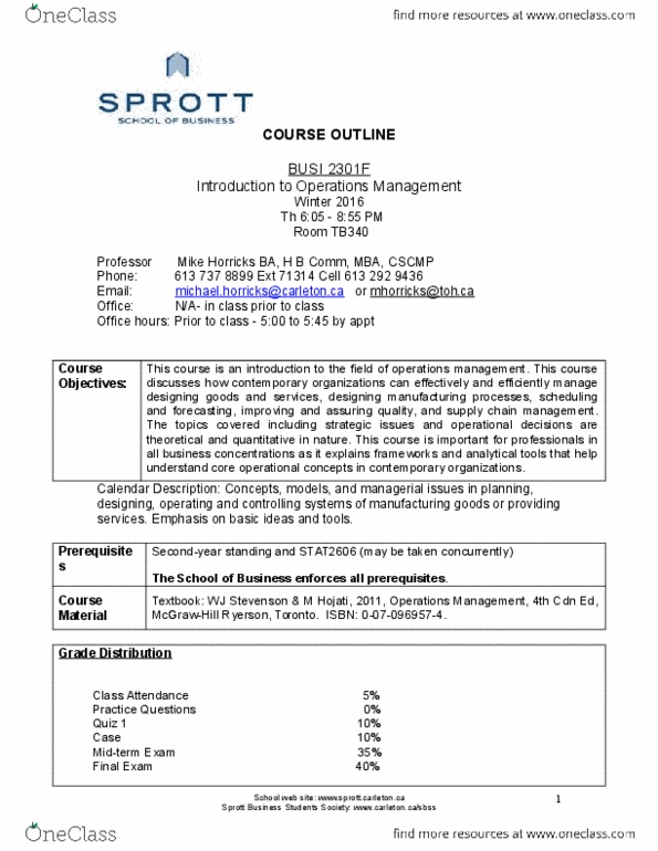 BUSI 2301 Lecture Notes - Lecture 1: Operations Management, Lean Manufacturing, Texas Instruments thumbnail