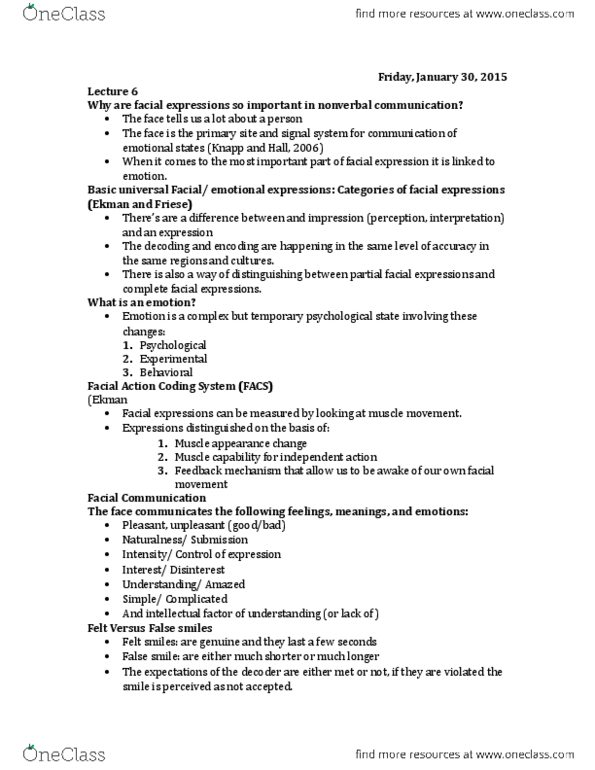 CMN 2132 Lecture Notes - Lecture 5: False Smiles, Nonverbal Communication, Display Rules thumbnail