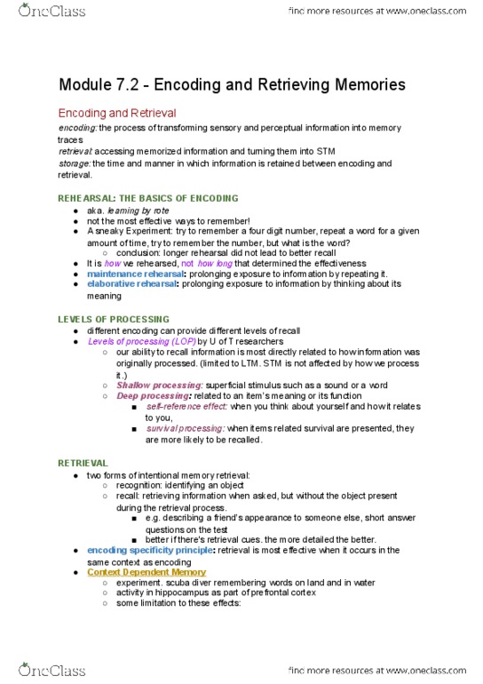 PSY100H1 Chapter Notes - Chapter 7.2: Encoding Specificity Principle, Scuba Diving, Prefrontal Cortex thumbnail