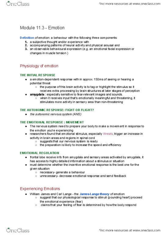 PSY100H1 Chapter Notes - Chapter 11.3: Autonomic Nervous System, Frontal Lobe, Amygdala thumbnail