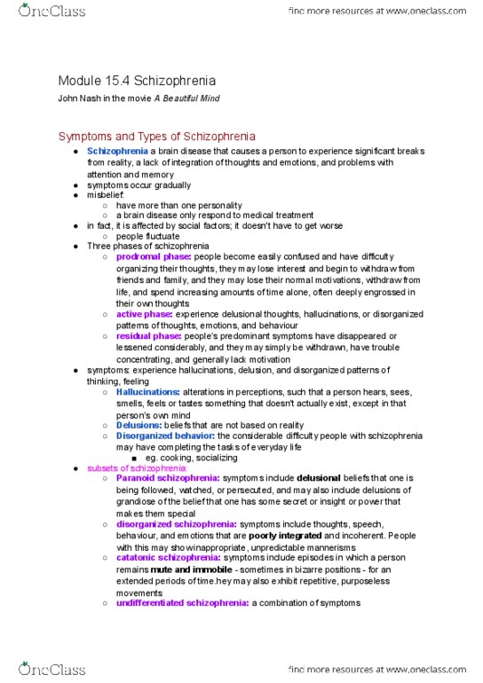 PSY100H1 Chapter Notes - Chapter 15.4: Paranoid Schizophrenia, Disorganized Schizophrenia, Schizophrenia thumbnail