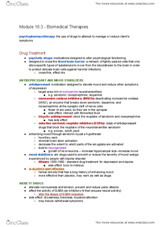 PSY100H1 Chapter Notes - Chapter 16.3: Monoamine Oxidase, Tricyclic Antidepressant, Bipolar Disorder thumbnail