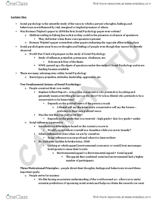 PSY220H1 Lecture Notes - Lecture 1: Floodgate, Social Influence, Superficiality thumbnail