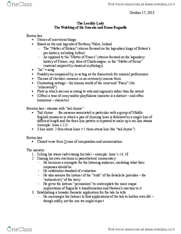ENGL 2100Y Lecture Notes - Lecture 7: Breton Lai, Loathly Lady, Chivalric Romance thumbnail