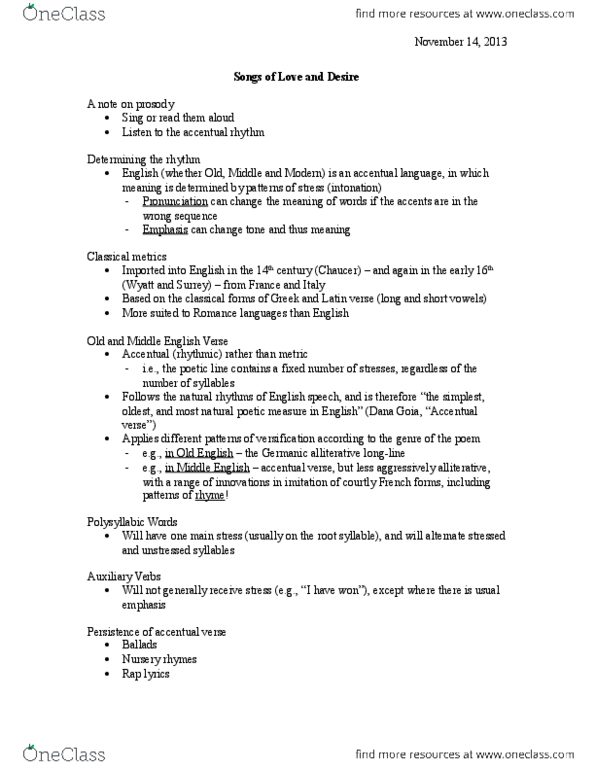 ENGL 2100Y Lecture Notes - Lecture 10: Accentual Verse, Goliard, Syllabic Verse thumbnail