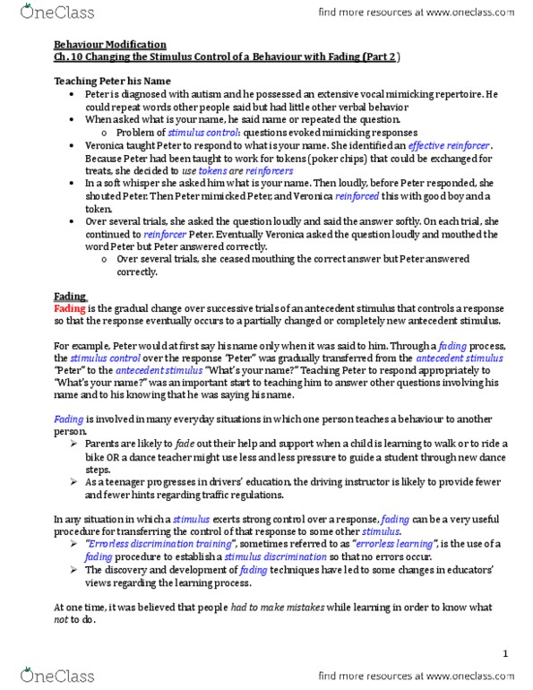 PSYB45H3 Chapter Notes - Chapter 10: Stimulus Control, Errorless Learning, The Fading thumbnail