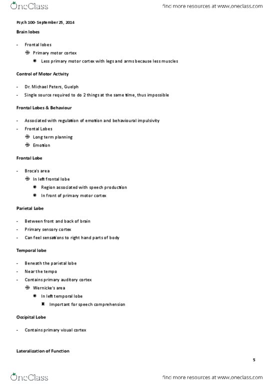 PSYC 100 Lecture Notes - Lecture 5: Primary Motor Cortex, Adrenal Medulla, Auditory Cortex thumbnail