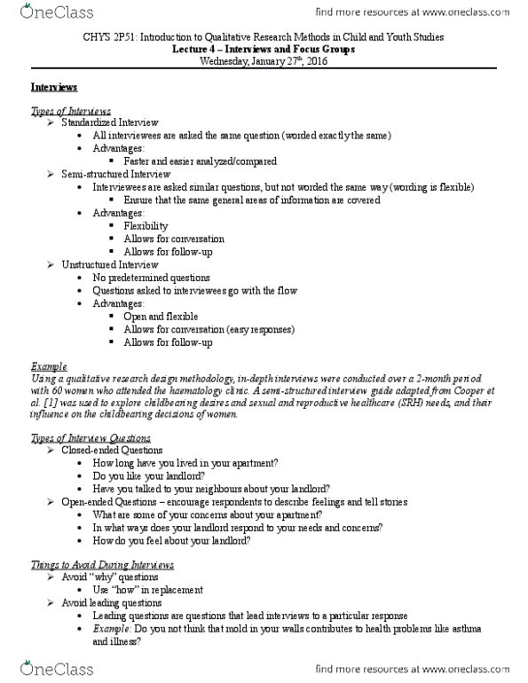 CHYS 2P51 Lecture Notes - Lecture 4: Focus Group, Hematology, Asthma thumbnail
