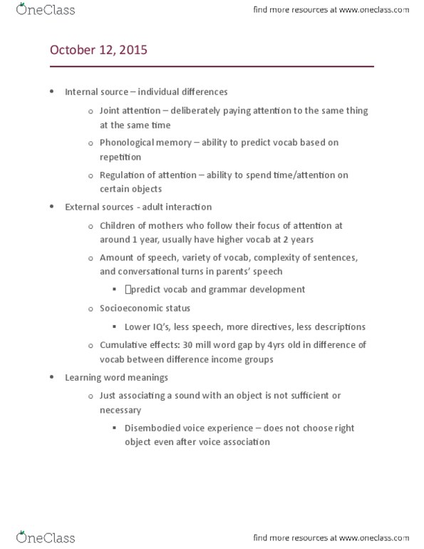 PSY 0310 Lecture Notes - Lecture 5: Joint Attention, Socioeconomic Status, Language Acquisition Device thumbnail