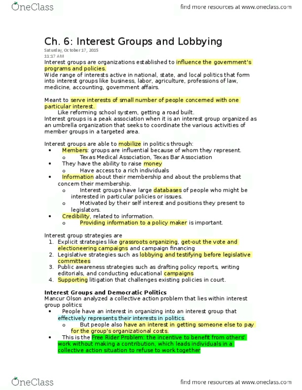 GOVT 2306 Chapter Notes - Chapter 6: Gus Sessions Wortham, Free Rider Problem, Mancur Olson thumbnail