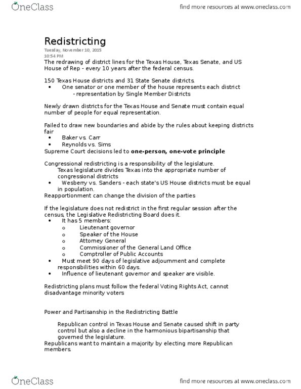 GOVT 2306 Chapter Notes - Chapter 7: Channel One News, Voting Rights Act Of 1965, Gerrymandering thumbnail