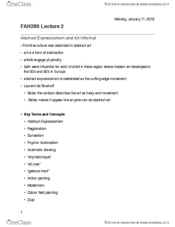 FAH289H5 Lecture 2: Abstract Expressionism and Art Informal thumbnail