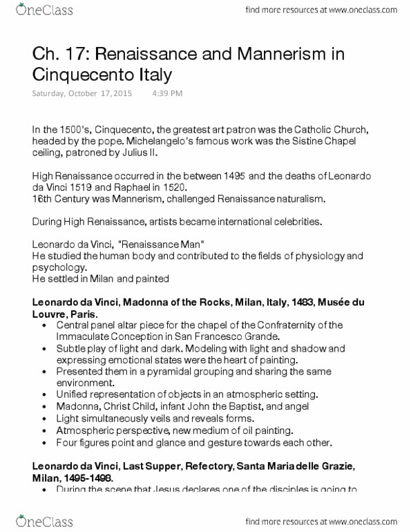 AHST 1304 Chapter 17: Renaissance and Mannerism in Cinquecento Italy thumbnail