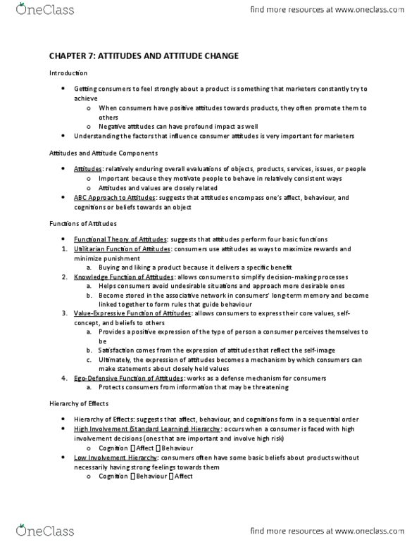 MKT 400 Chapter Notes - Chapter 7: Attitude Change, Elaboration Likelihood Model thumbnail