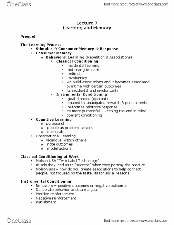 ADM 3321 Lecture Notes - Lecture 7: Sensory Memory, Observational Learning, Reinforcement thumbnail