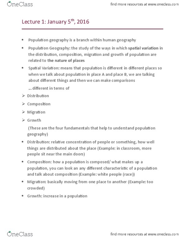 GGR208H5 Lecture Notes - Lecture 1: Population Geography, Human Geography thumbnail
