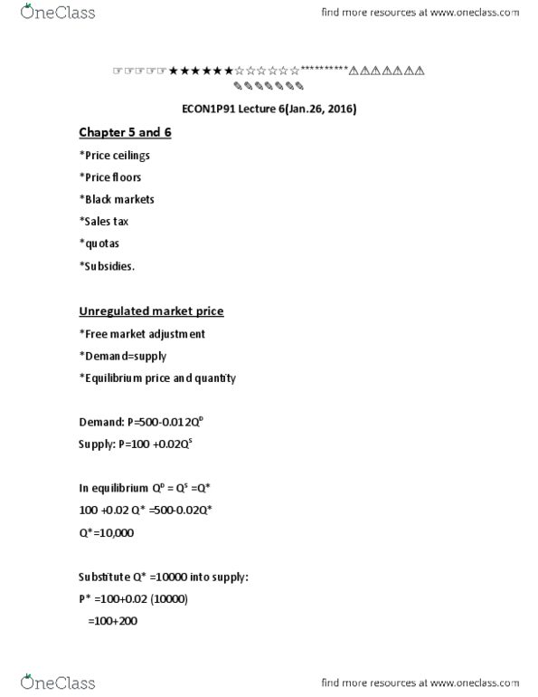 ECON 1P91 Lecture Notes - Lecture 6: Price Ceiling, Shortage, Excess Supply thumbnail