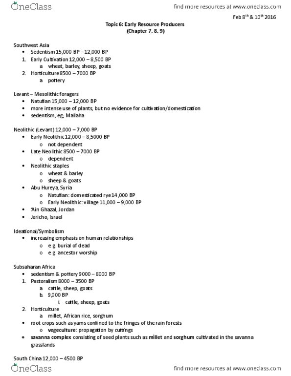 ANT201H5 Lecture Notes - Lecture 6: Sedentism, Natufian Culture, Hemudu Culture thumbnail