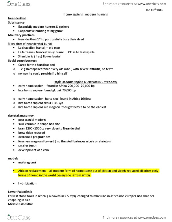 ANT201H5 Lecture Notes - Lecture 3: Homo Sapiens, Lithic Reduction, Upper Paleolithic thumbnail