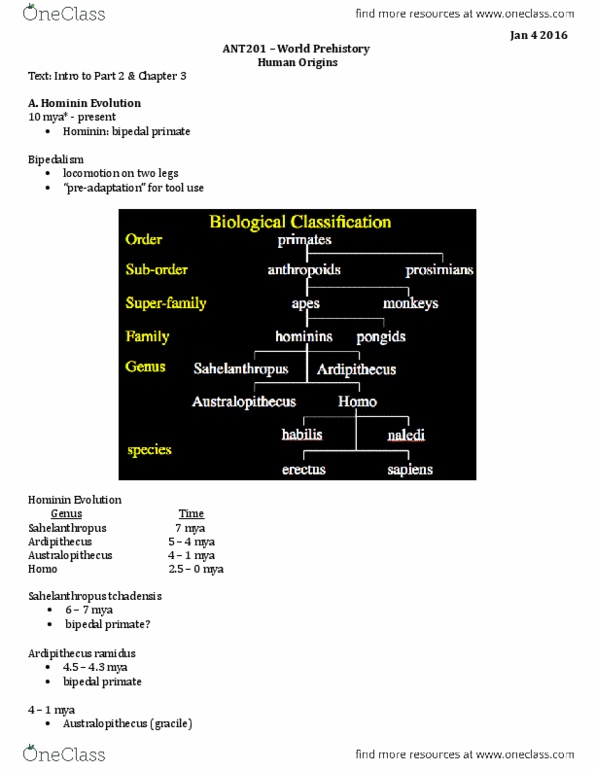 ANT201H5 Lecture Notes - Lecture 1: Homo Naledi, Homo Habilis, Australopithecus Garhi thumbnail