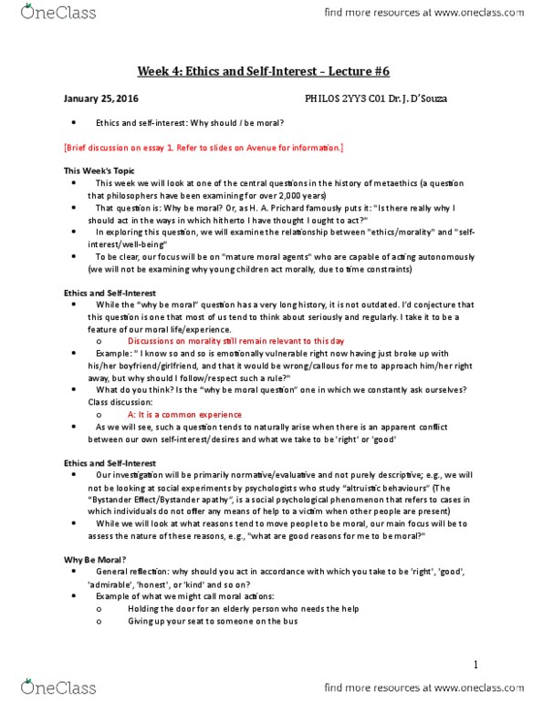 PHILOS 2YY3 Lecture Notes - Lecture 5: Ethical Egoism, Henry Sidgwick, Egotism thumbnail