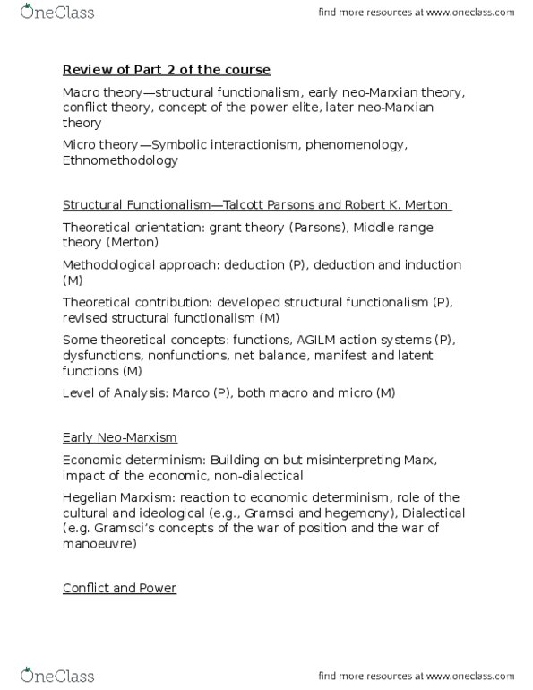 SOCIOL 2S06 Lecture Notes - Lecture 39: Symbolic Interactionism, Elite, Economic Determinism thumbnail