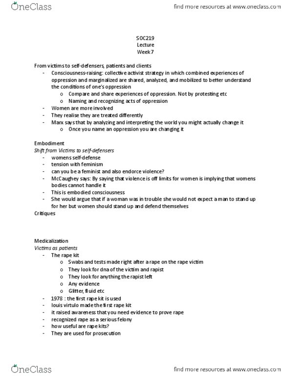 SOC219H5 Lecture Notes - Lecture 6: Rape Kit, Medicalization thumbnail