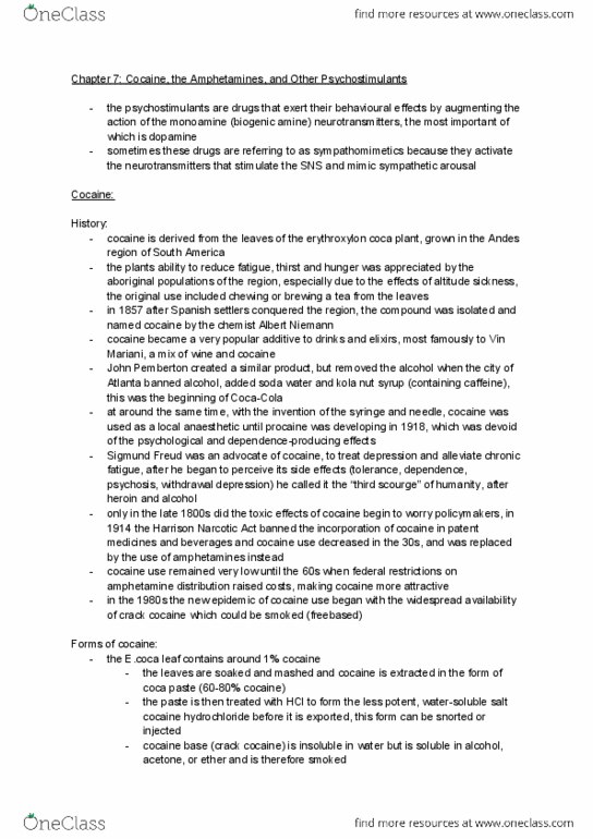 PSYT 301 Lecture Notes - Lecture 7: Cocaine Dependence, Stimulant, Vin Mariani thumbnail