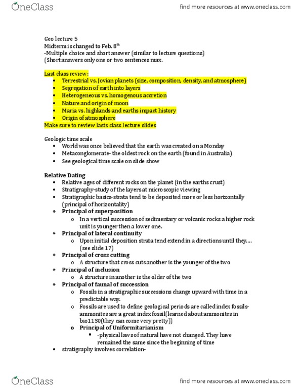 GEO 1111 Lecture Notes - Lecture 5: Geologic Time Scale, Multiple Choice, Uniformitarianism thumbnail