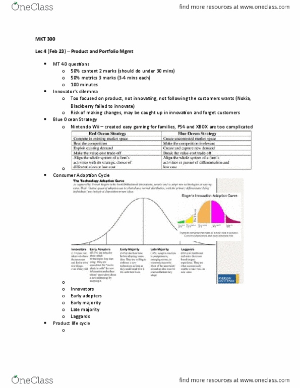 MKT 300 Lecture Notes - Lecture 5: Blue Ocean Strategy, Coca-Cola Cherry, Cold Cream thumbnail