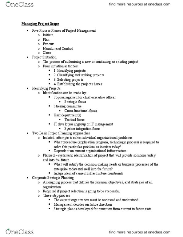 MIS 340 Lecture Notes - Lecture 3: Net Present Value, Project Manager, Project Charter thumbnail