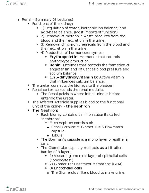 PHGY 210 Lecture Notes - Lecture 1: Renal Function, Peritubular Capillaries, Proximal Tubule thumbnail