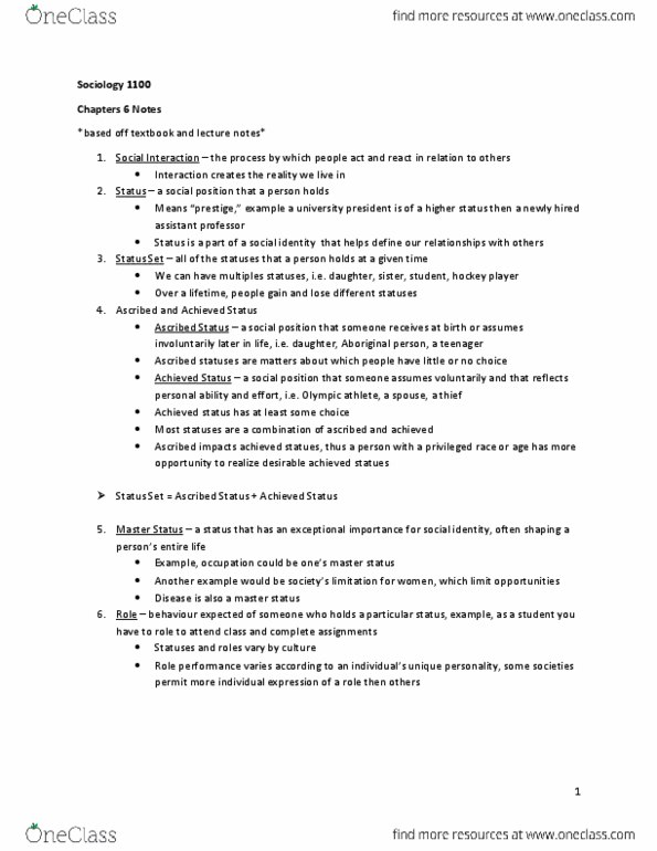 SOC 1100 Chapter Notes - Chapter 6: Role Theory, Role Conflict, Achieved Status thumbnail