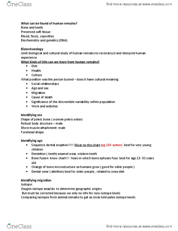 ANT200H5 Lecture Notes - Lecture 7: Wisdom Tooth, Coprolite, Bioarchaeology thumbnail