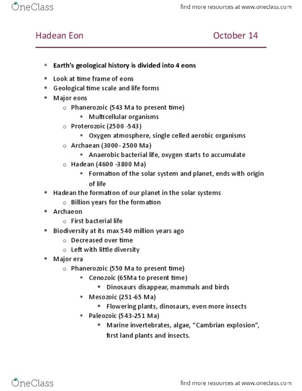 BIO 1130 Lecture Notes - Lecture 6: Late Heavy Bombardment, Paleozoic, Hadean thumbnail