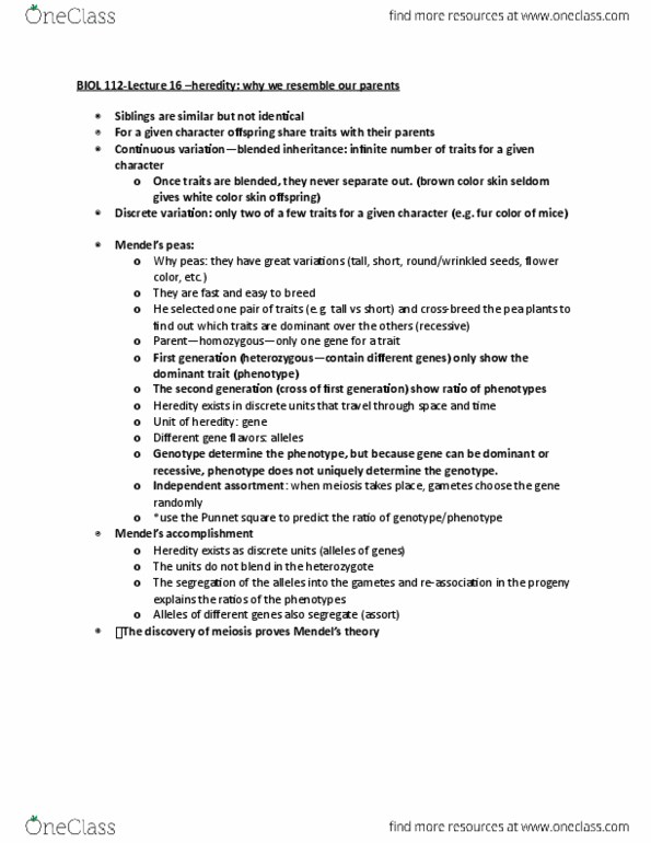 BIOL 112 Lecture Notes - Lecture 16: Mendelian Inheritance, Zygosity, Meiosis thumbnail