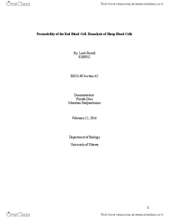 BIO 1140 Lecture Notes - Lecture 5: Ethylene Glycol, Hemolysis, Sucrose thumbnail