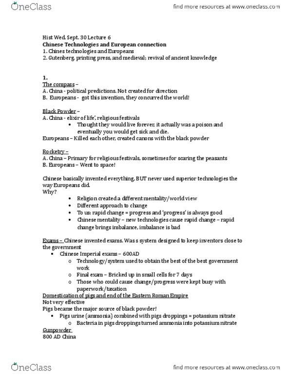 HIST115 Lecture Notes - Lecture 8: Gutenberg Bible, Johannes Gutenberg, Potassium Nitrate thumbnail