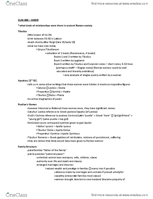 CLAS 208 Lecture Notes - Lecture 12: Tibullus, Lesbia, Lyceus thumbnail