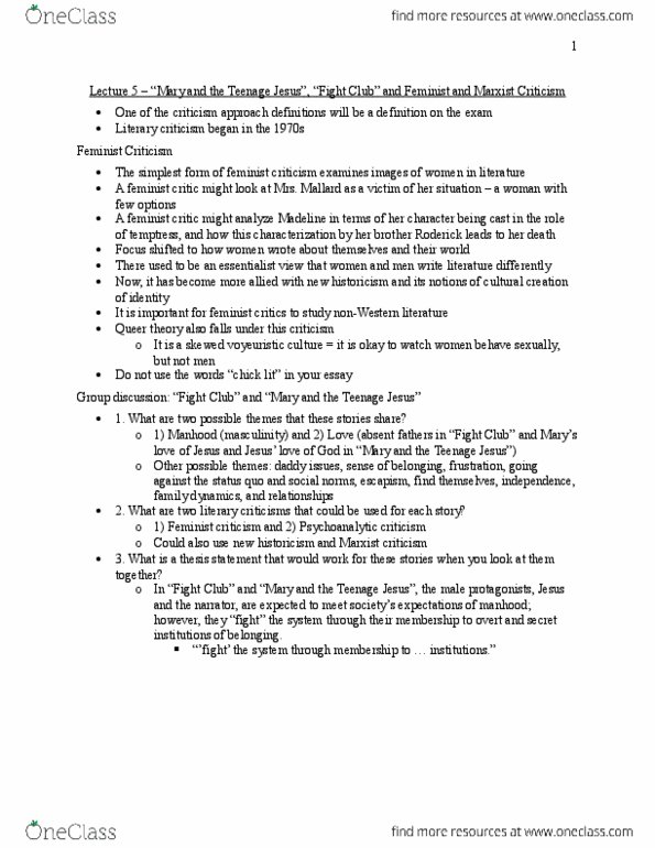 ENG 1120 Lecture Notes - Lecture 5: Queer Theory, Thesis Statement, Feminist Literary Criticism thumbnail