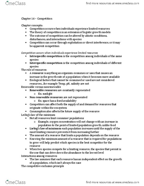 BIO205H5 Chapter Notes - Chapter 16: Zero Population Growth, Logistic Function, Interspecific Competition thumbnail